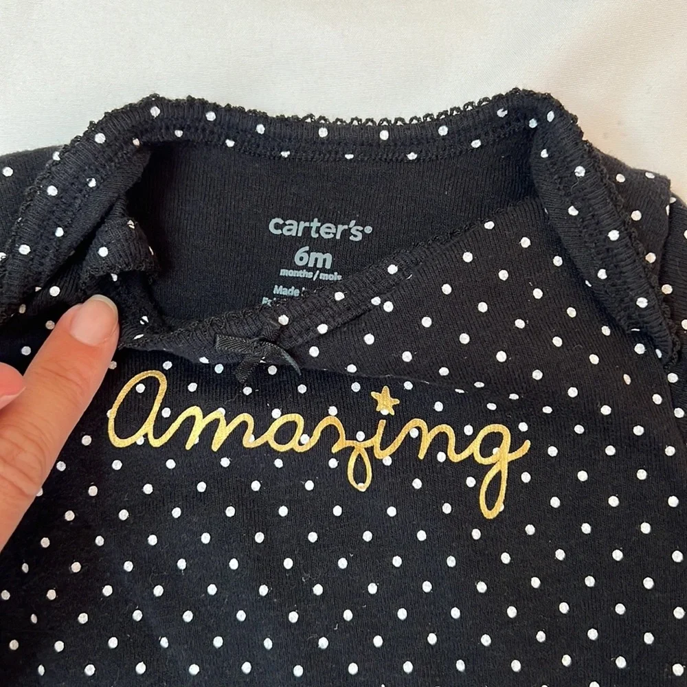 Carter’s Kids Cream Cat Sweatshirt & Black Polkadot Shor Sleeve Bundle Baby Girl